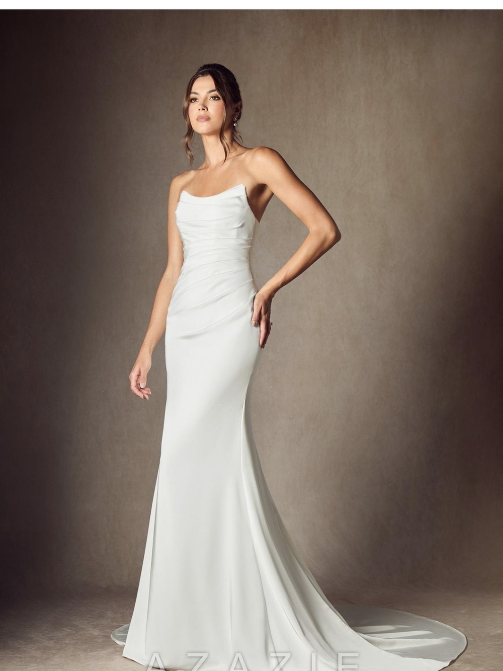 Azazie White Strapless Satin Sheath Gown
